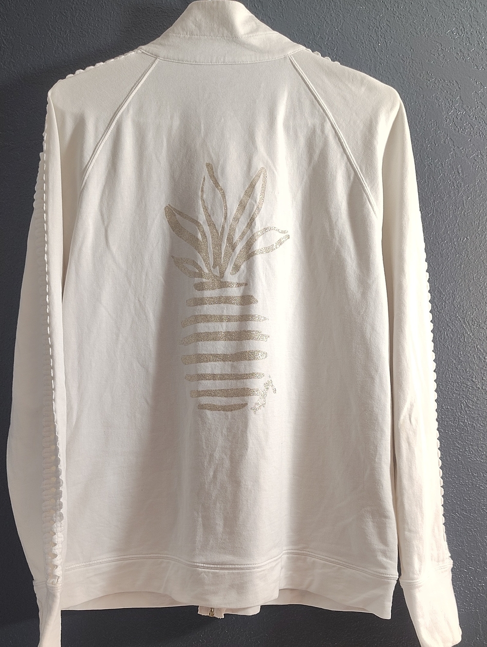 Lilly Pulitzer White Full Zip JacketGold Pineapple Lace Trim Size Large